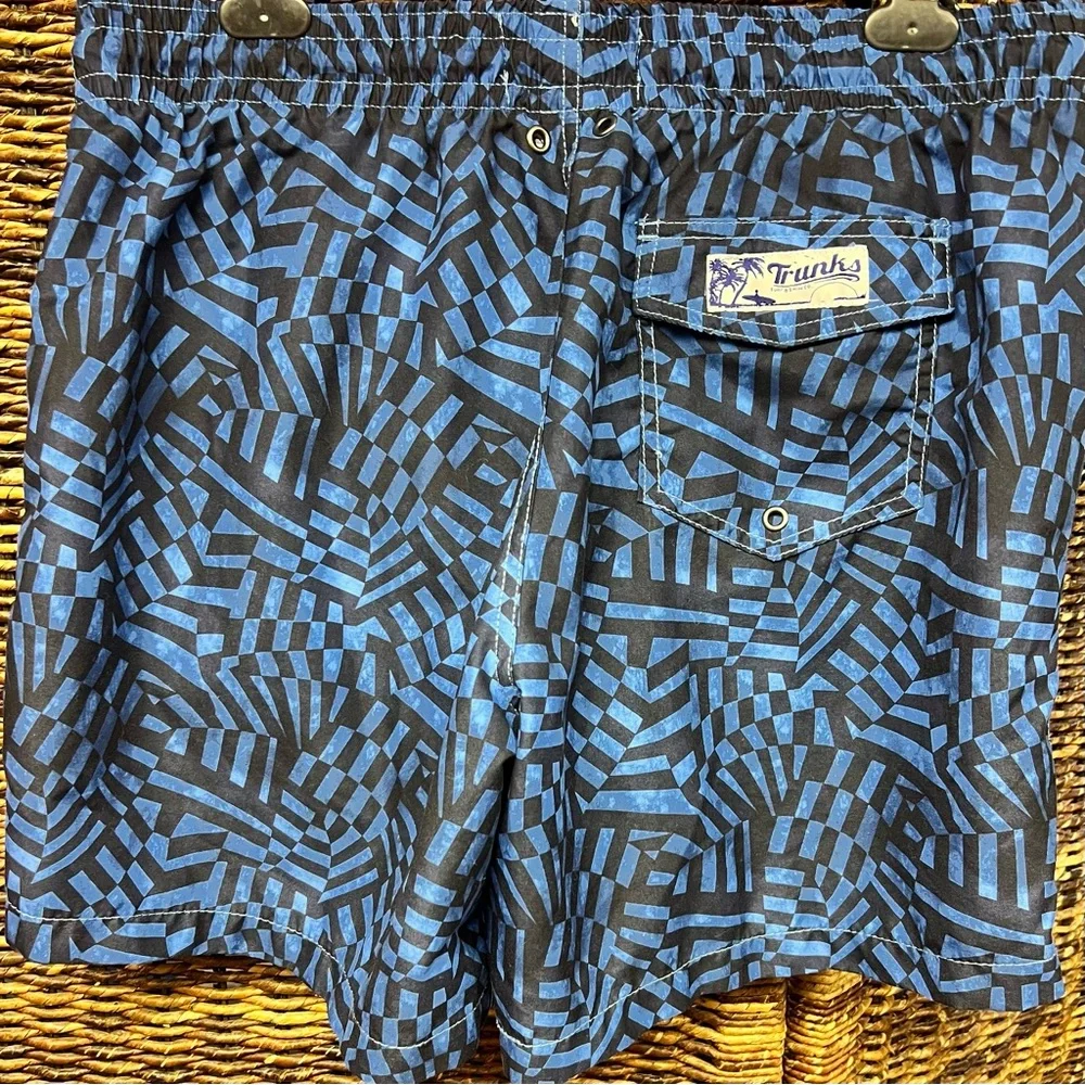 Trunks- Men's Blue Geometric Swim Shorts, Size:‎ Large
